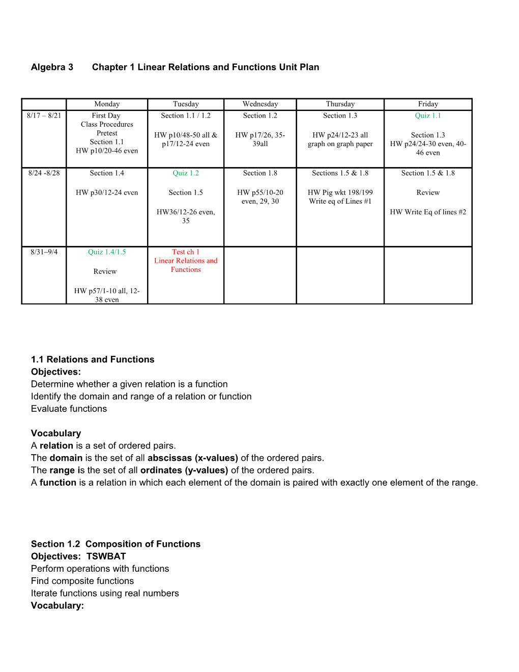 Algebra 3 Chapter 1 Linear Relations and Functions Unit Plan