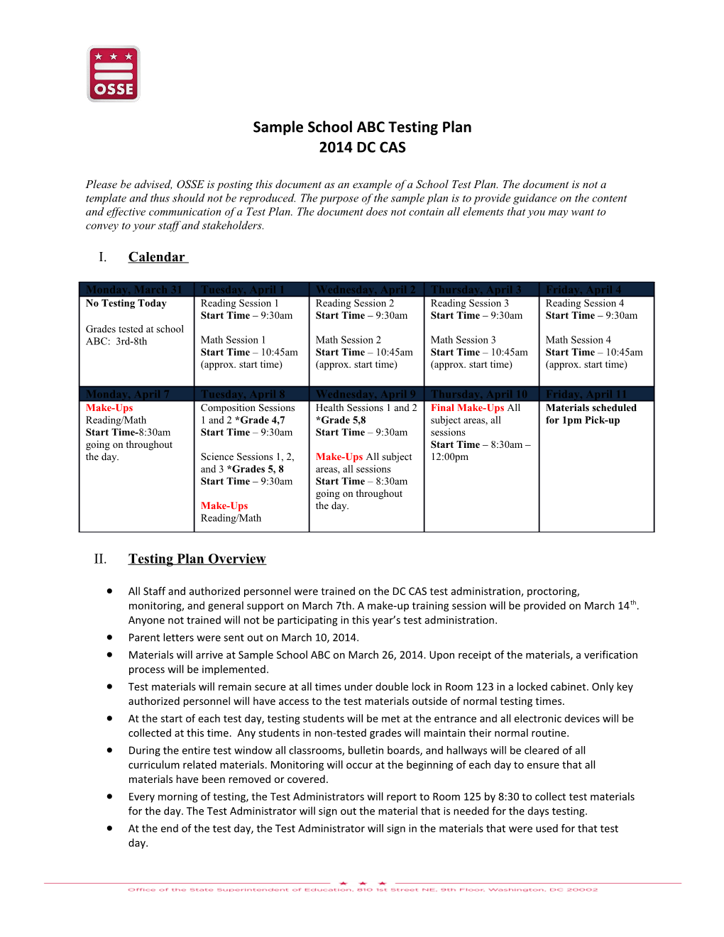 Sample School ABC Testing Plan