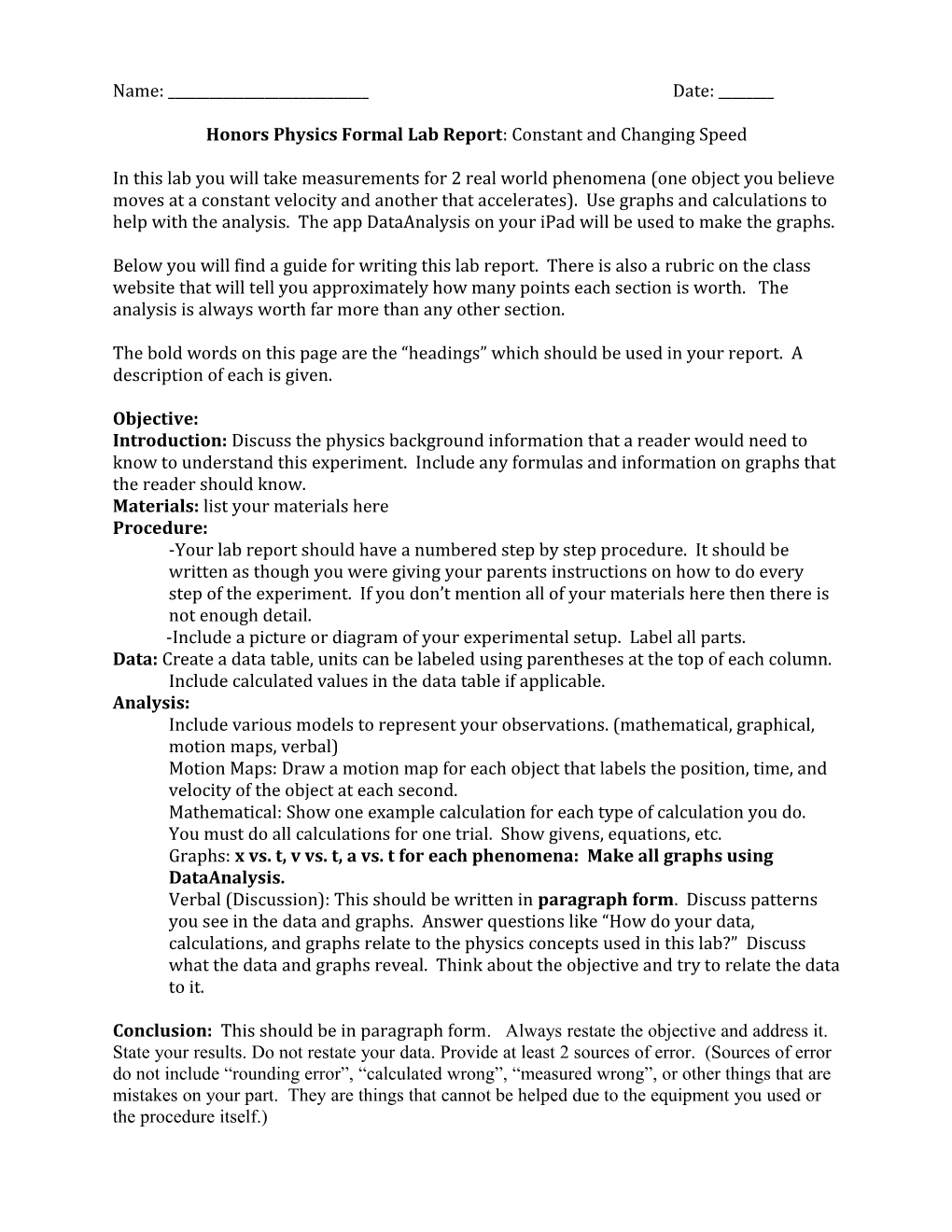 Honors Physics Formal Lab Report : Constant and Changing Speed