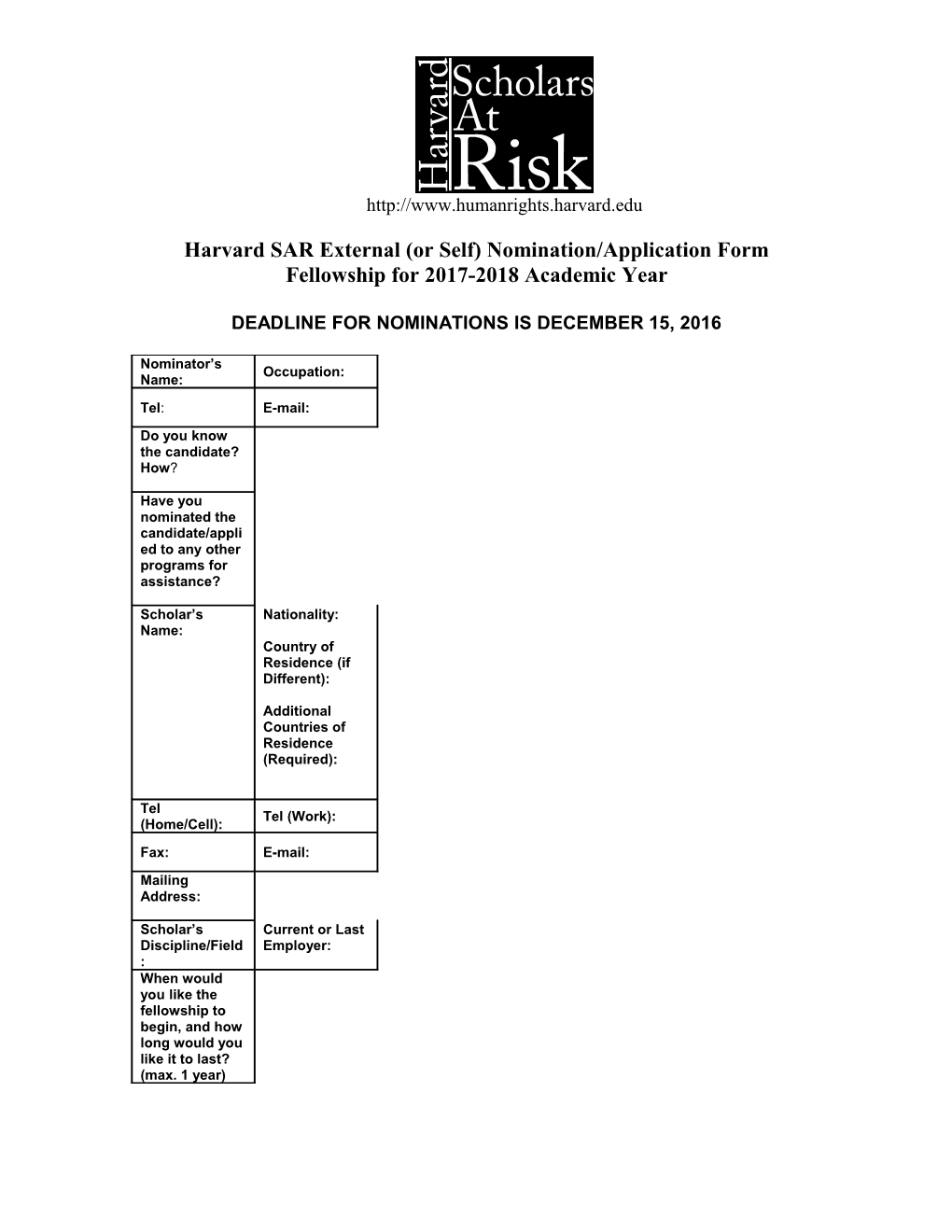 Scholars at Risk Fellowship: Nomination/Application Form