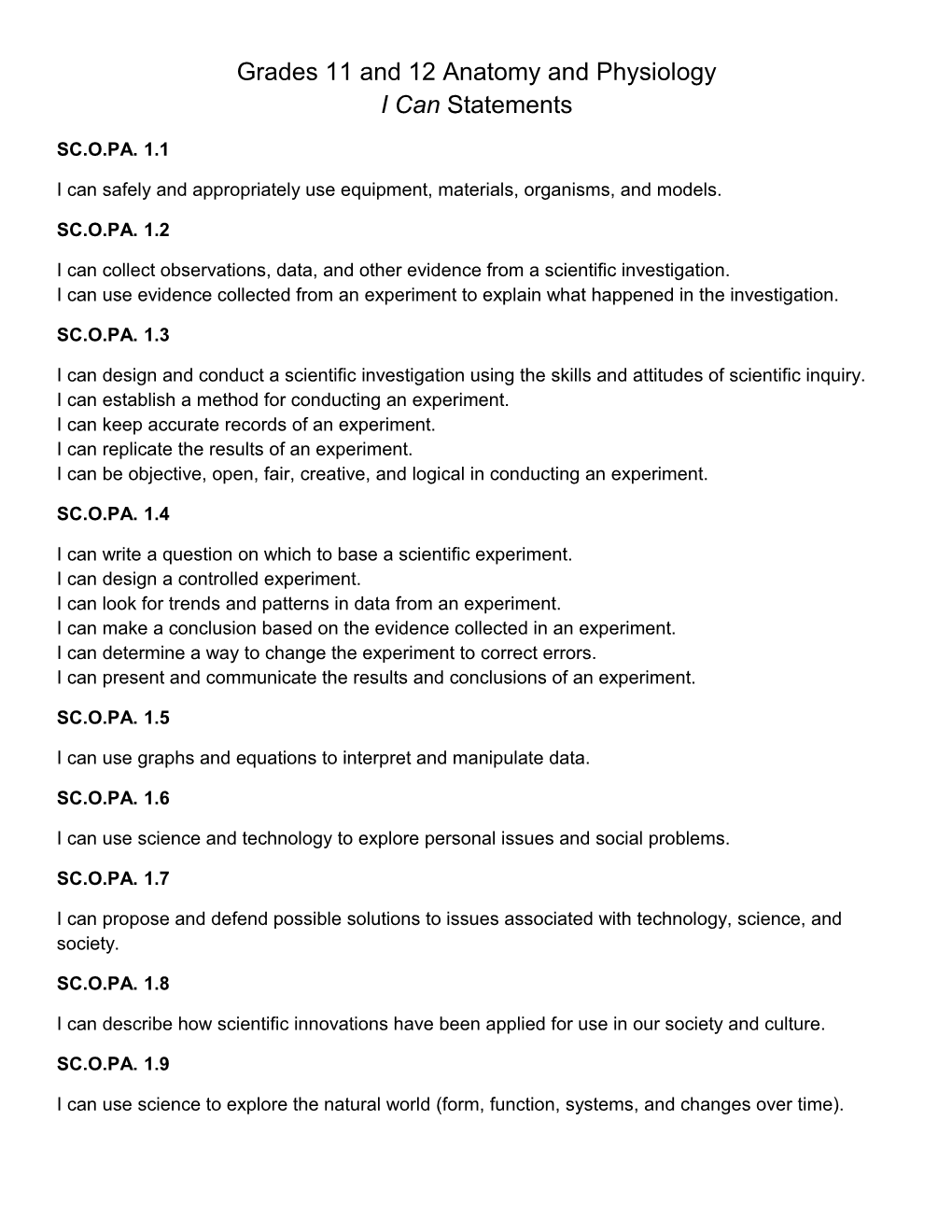 Grades 11 and 12 Anatomy and Physiology