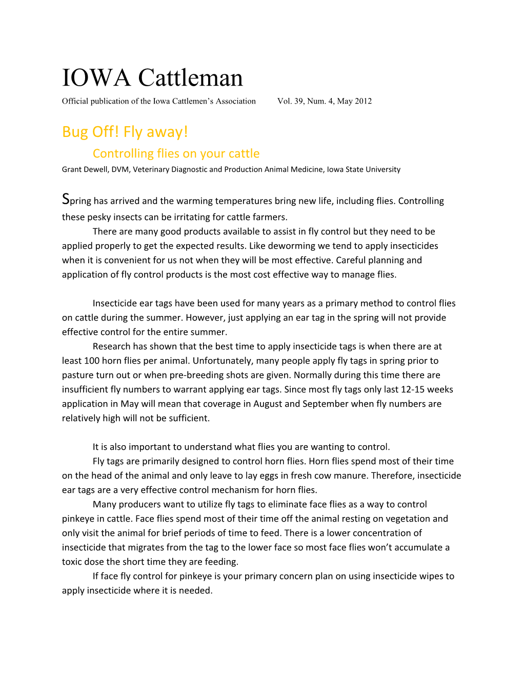 Official Publication of the Iowa Cattlemen S Association Vol. 39, Num. 4, May 2012