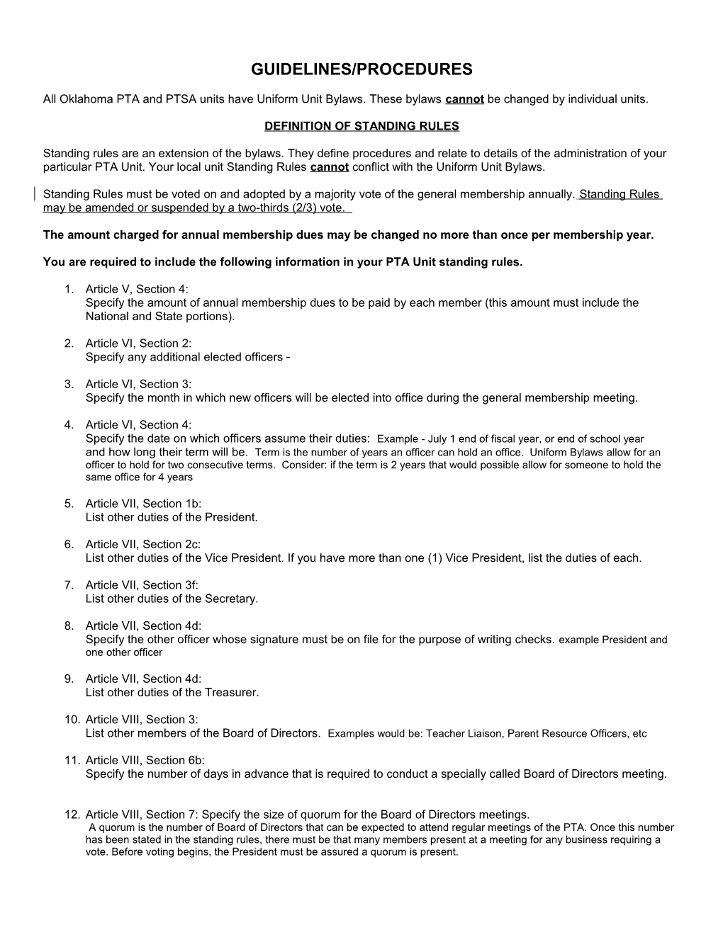 Local PTA Unit Standing Rules Guidelines