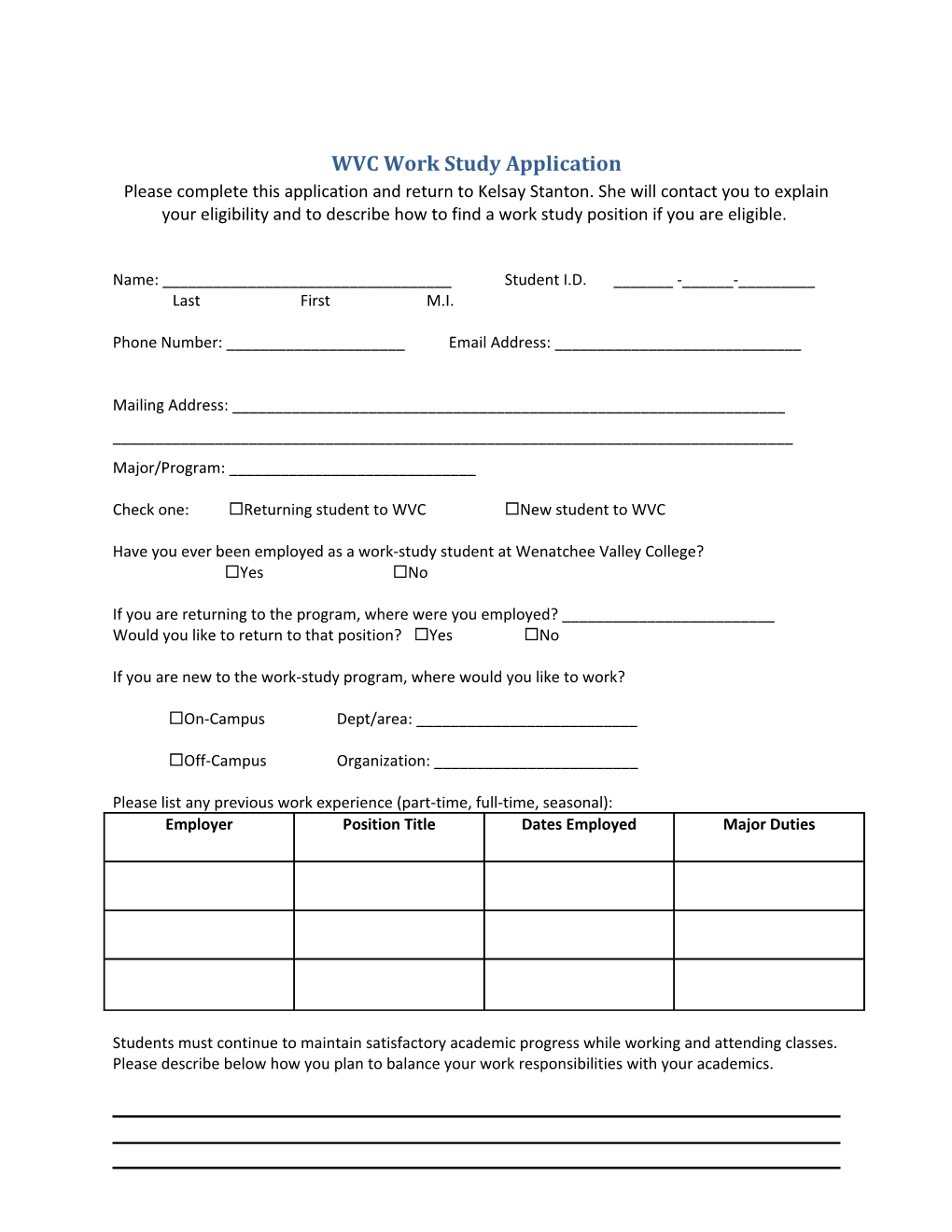 WVC Work Study Application