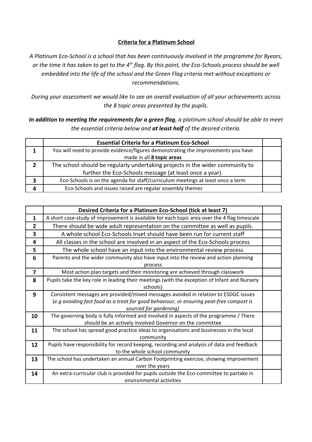 Criteria for a Platinum School