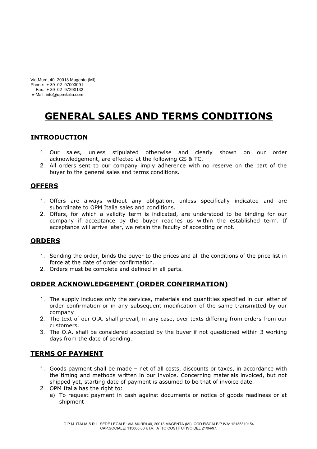 General Sales and Terms Conditions