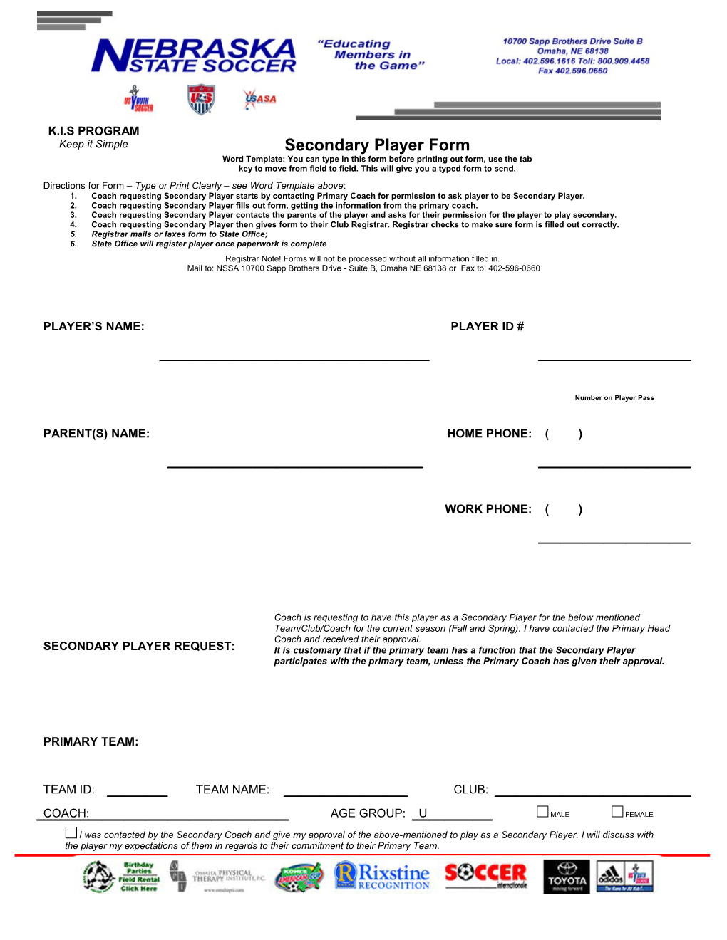 Secondary Player Form