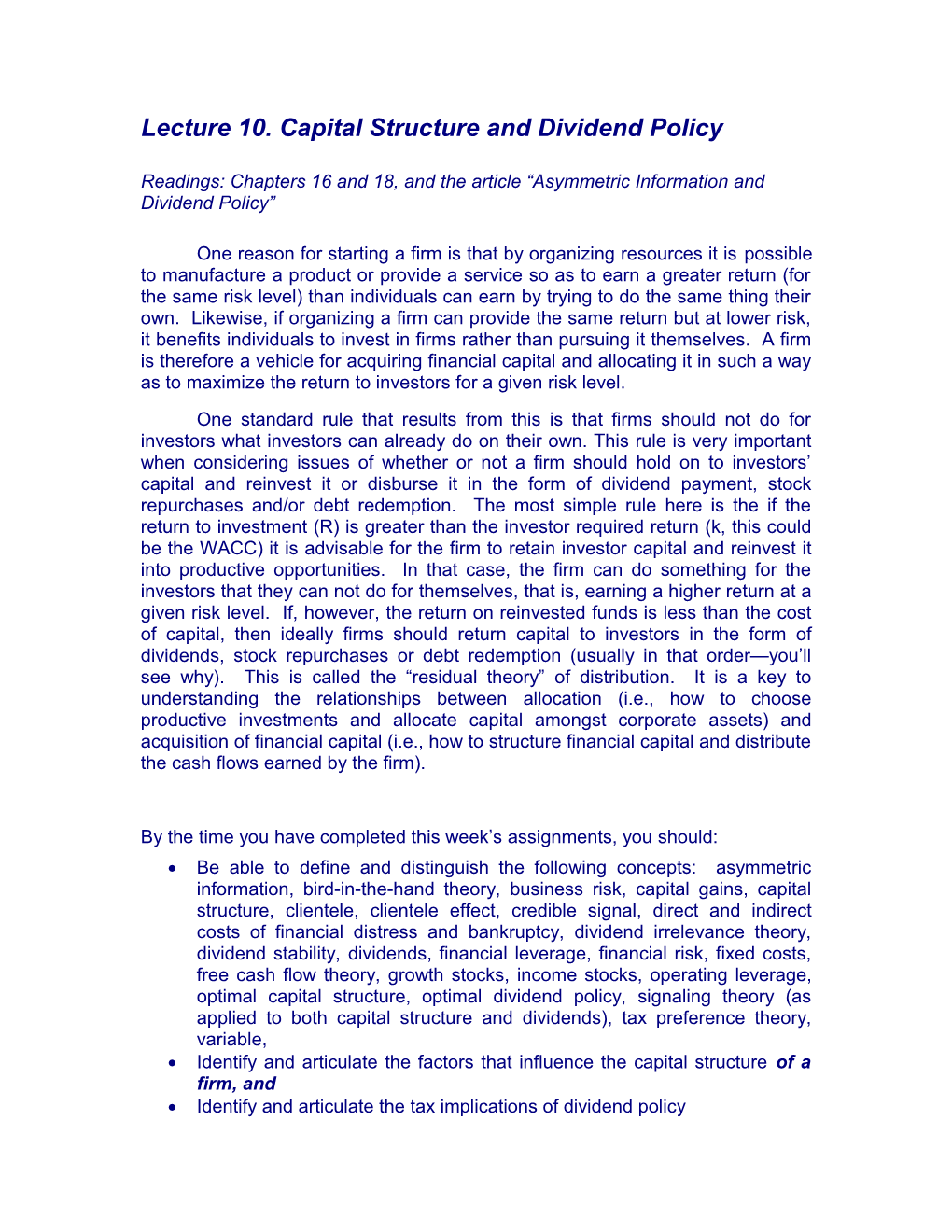 Lecture 10. Capital Structure and Dividend Policy