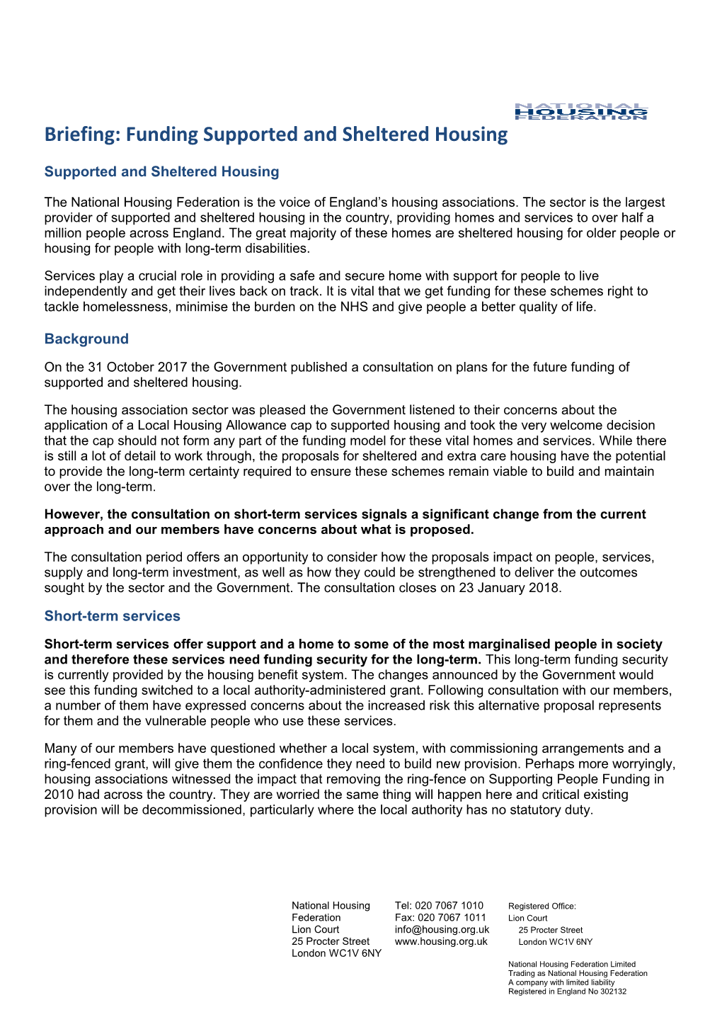 Briefing: Funding Supported and Sheltered Housing