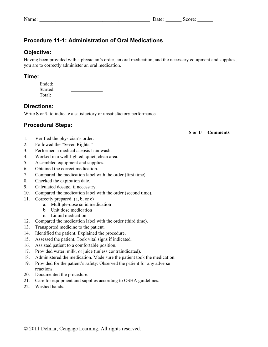 Procedure 11-1: Administration of Oral Medications