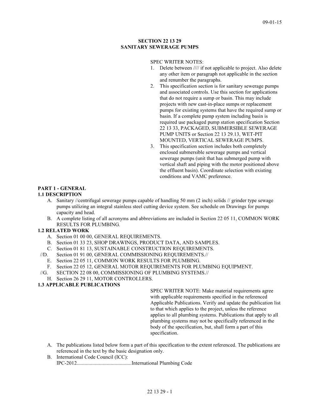 Section 22 13 29, Sanitary Sewerage Pumps