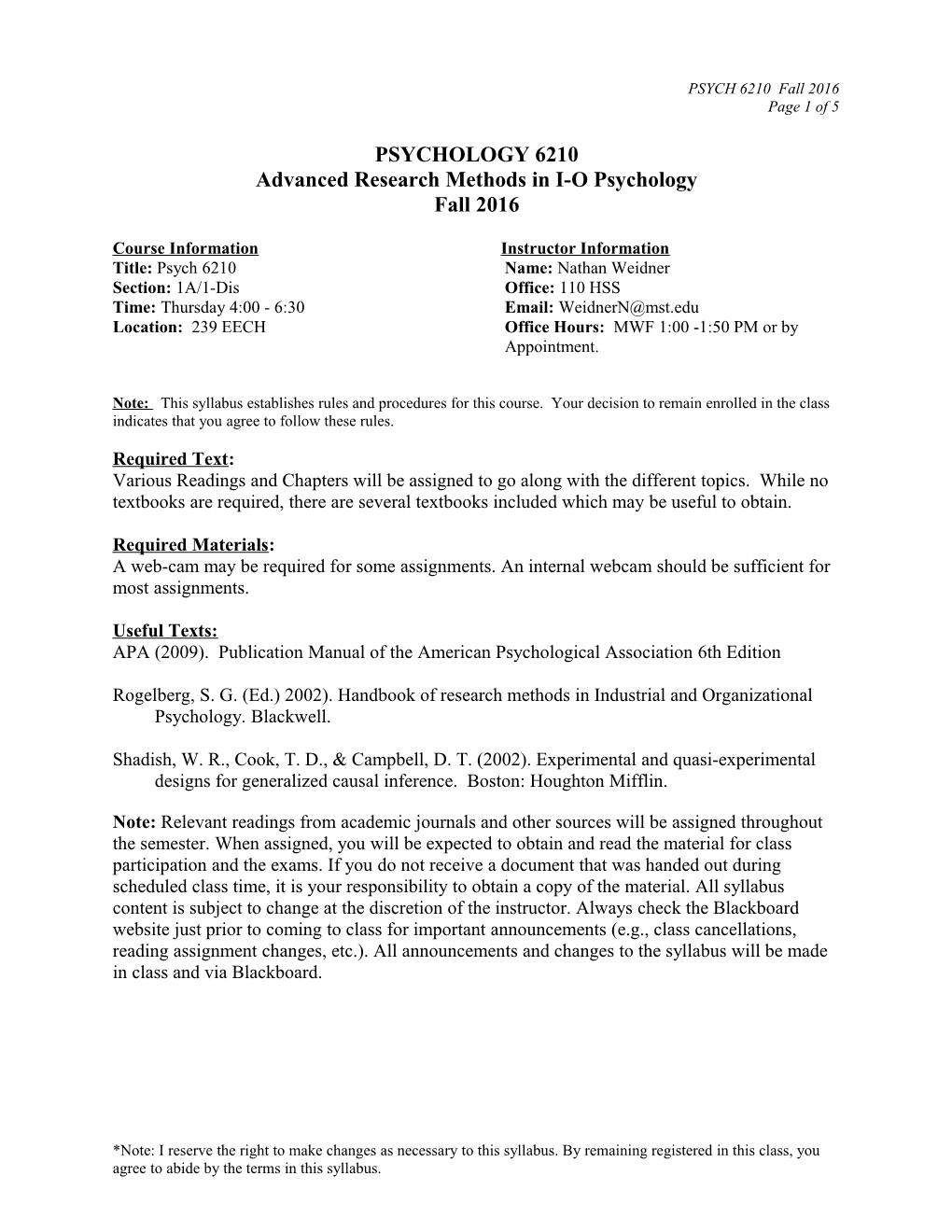 Psychology 3500: Industrial/Organizational Psychology