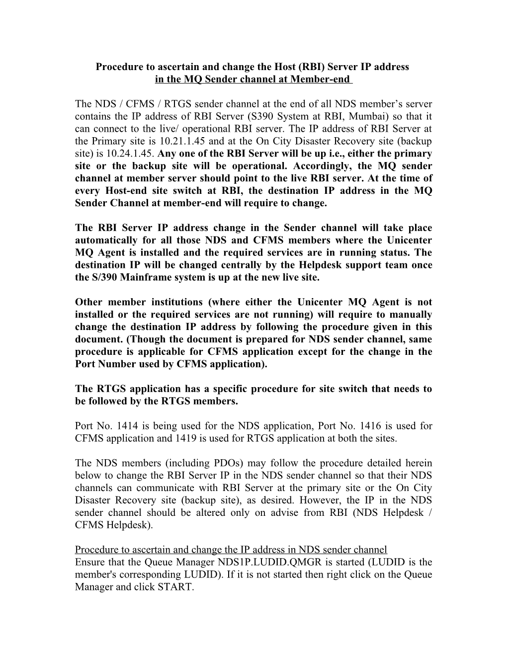 Following Procedure Is Used to Change the IP Address for Connecting to NCC(Secondary Site