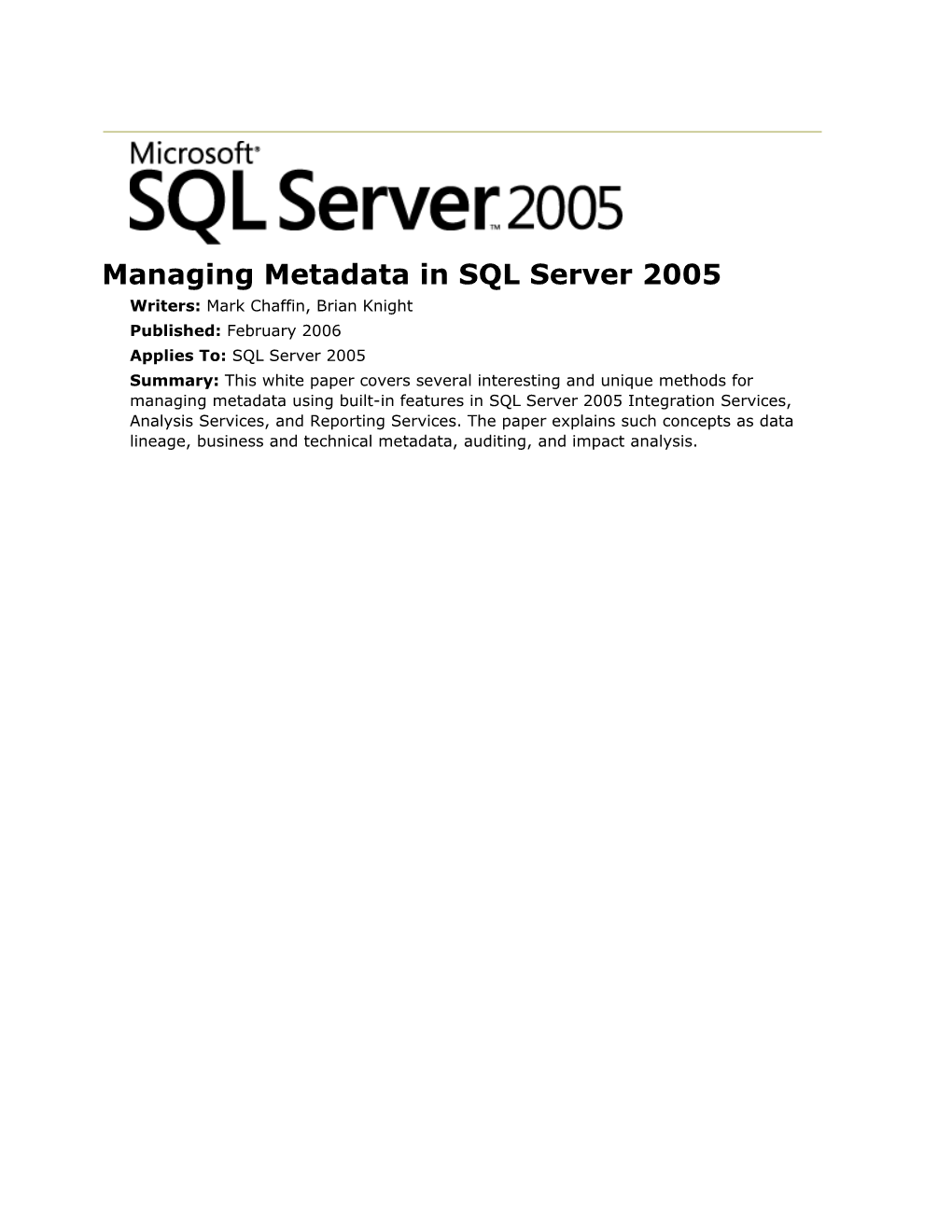 Managing Metadata in SQL Server 2005