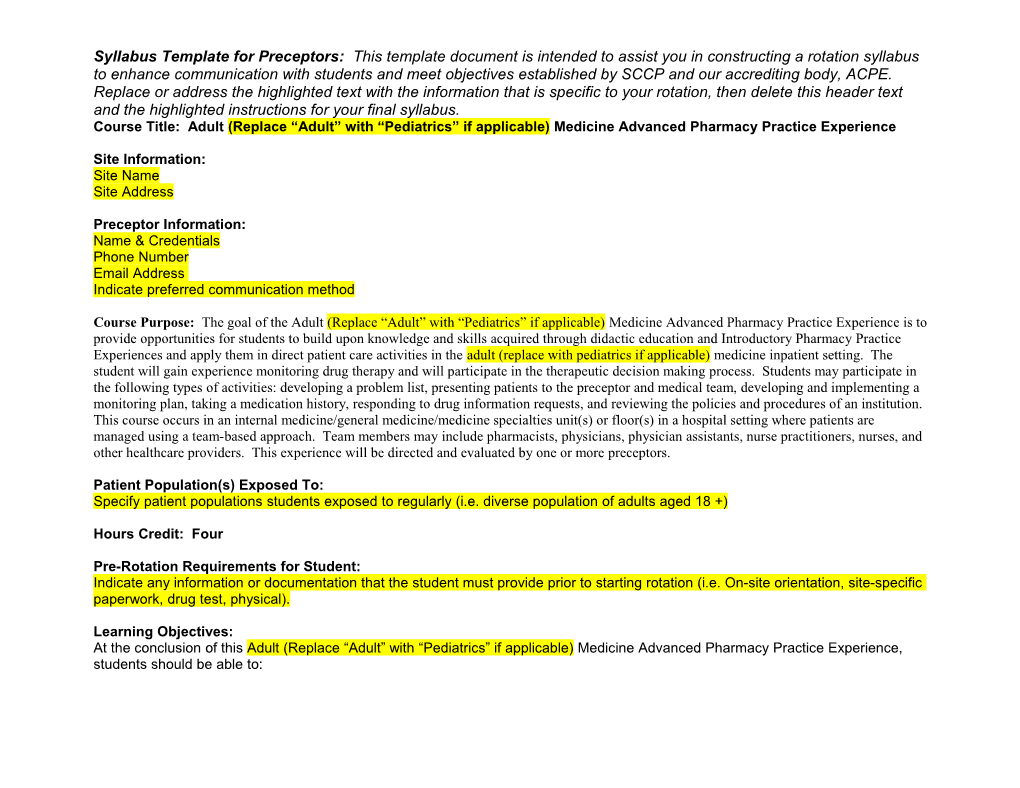 Course Title: Adult (Replace Adult with Pediatrics If Applicable)Medicineadvanced Pharmacy