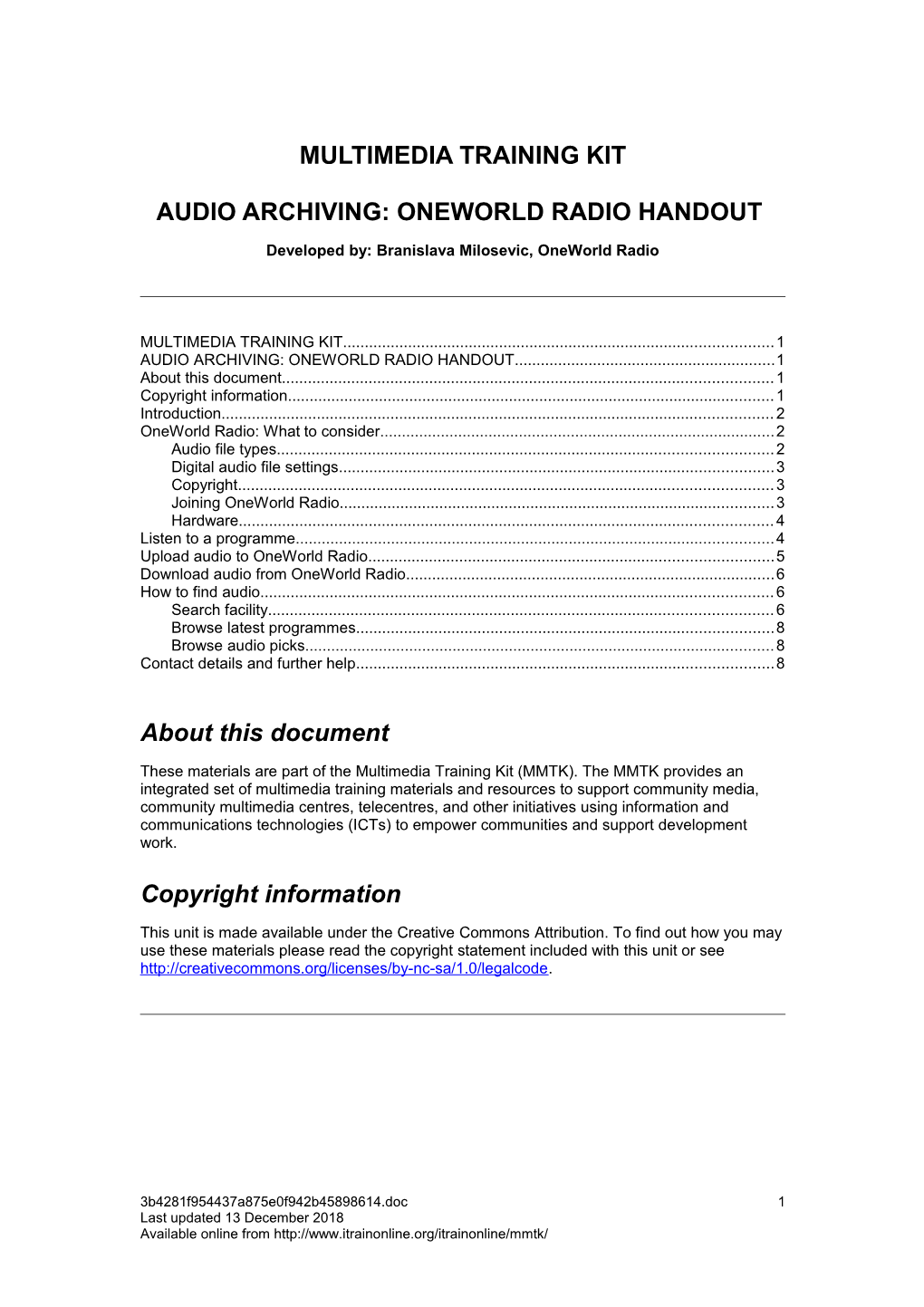 Audio Archiving: Oneworld Radio Handout