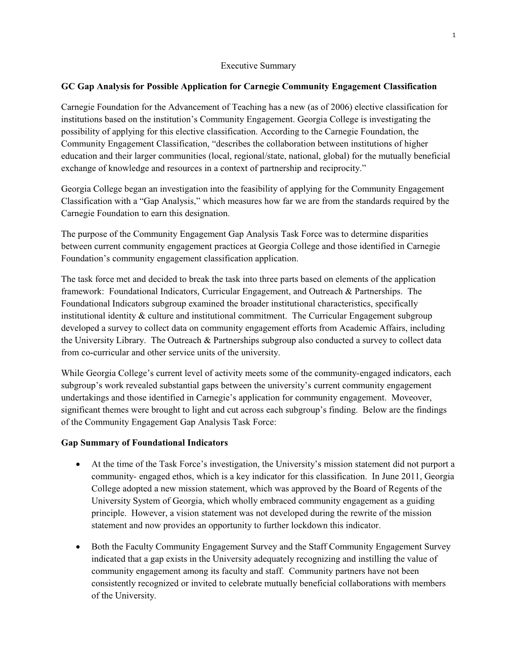 GC Gap Analysis for Possible Application for Carnegie Community Engagement Classification