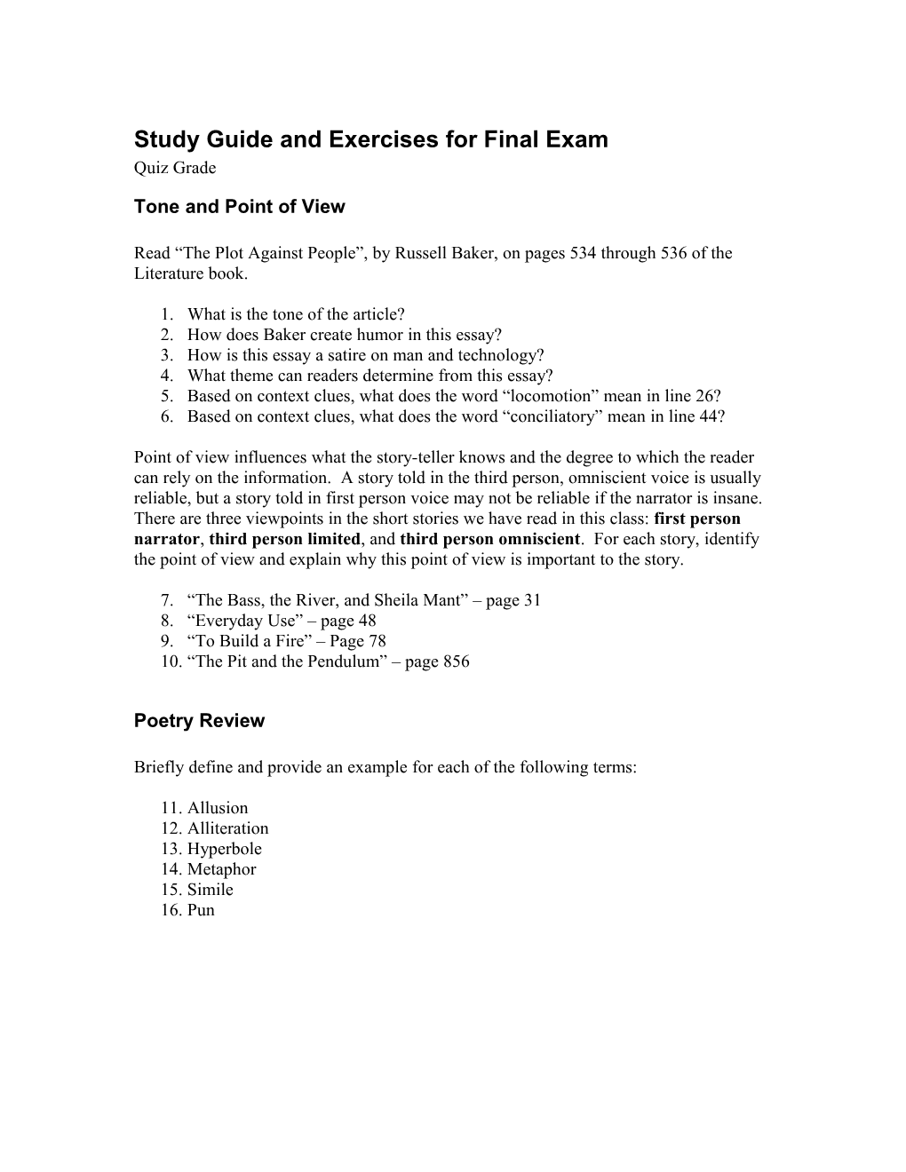 Study Guide and Exercises for Final Exam