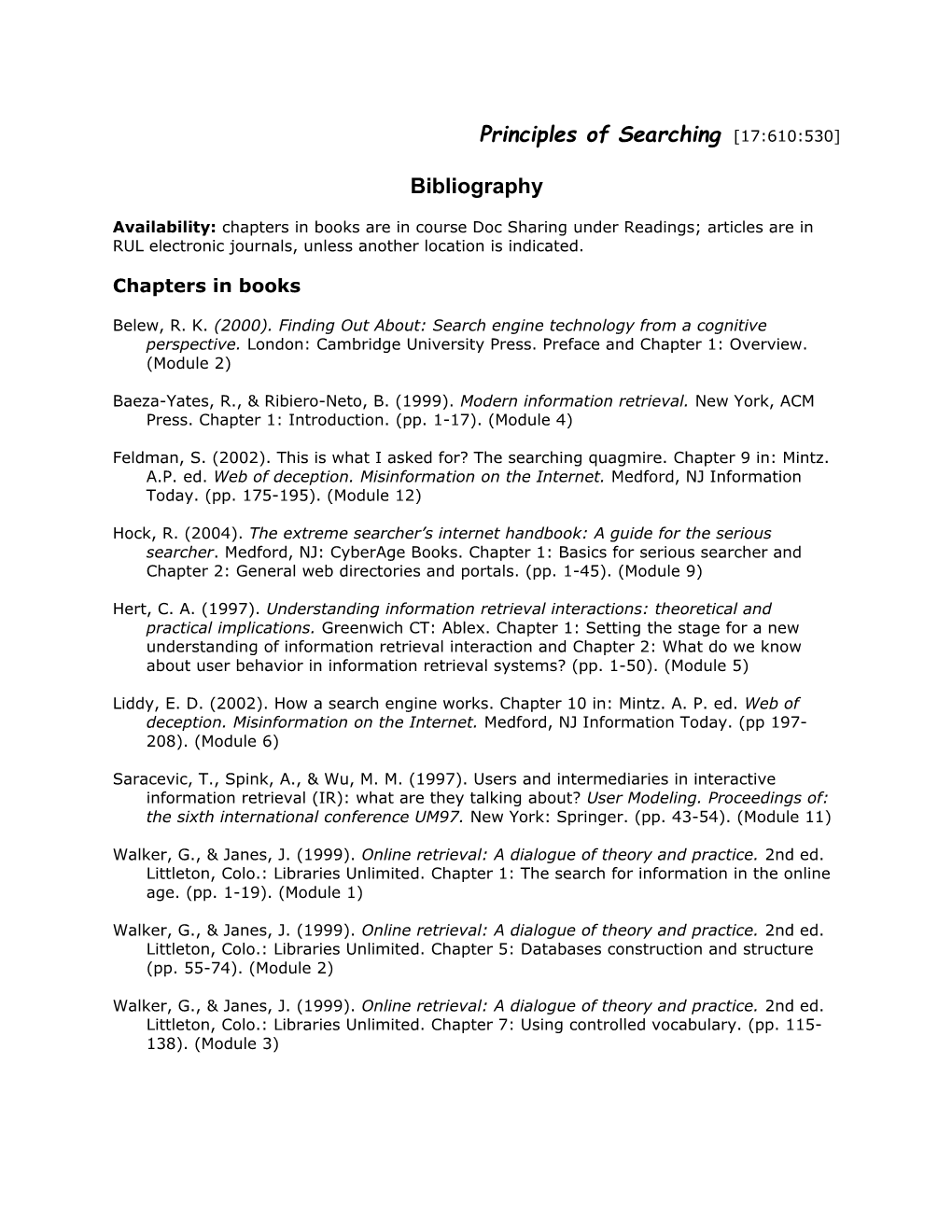 Principles of Searching - Bibliography 1