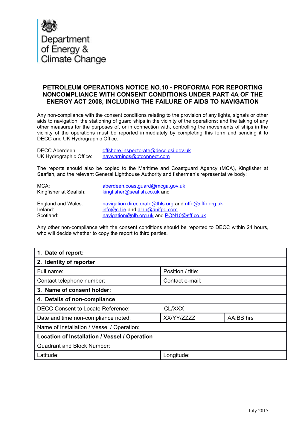 Petroleum Operations Notice No.10 - Proforma for Reporting Noncompliance with Consent