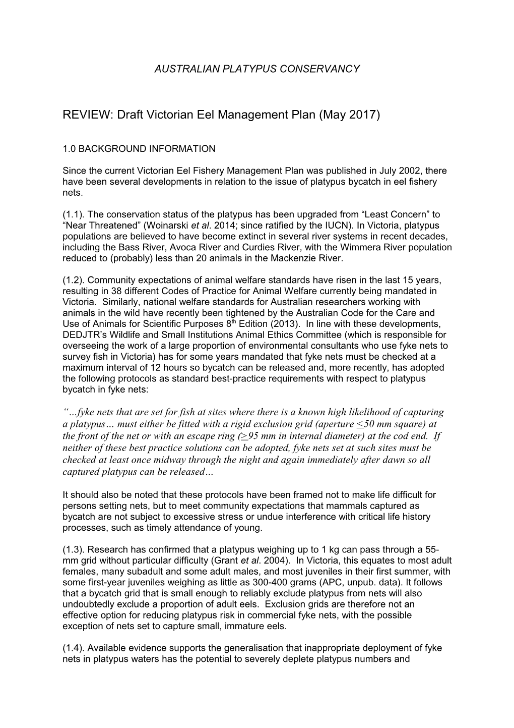 REVIEW: Draft Victorian Eel Management Plan (May 2017)