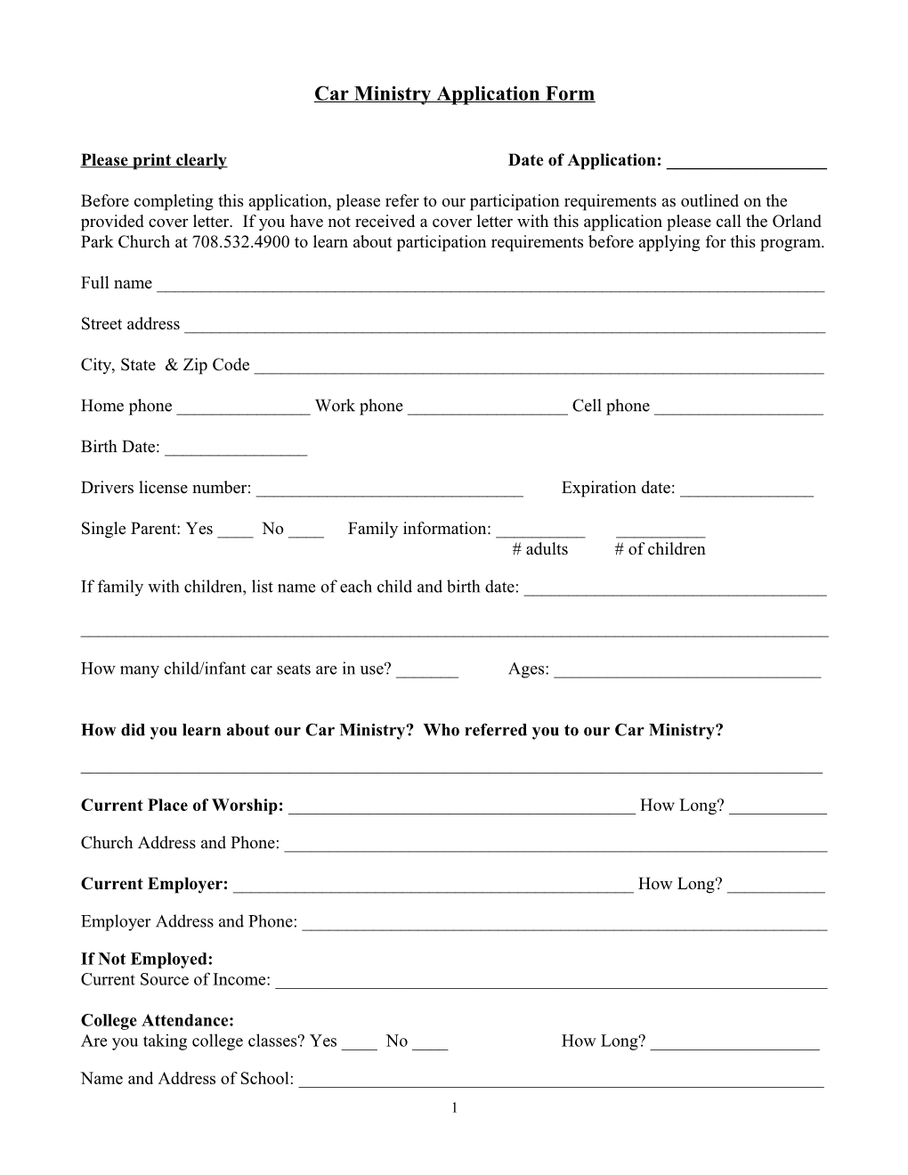 Orland Park Church Car Ministry Application Form