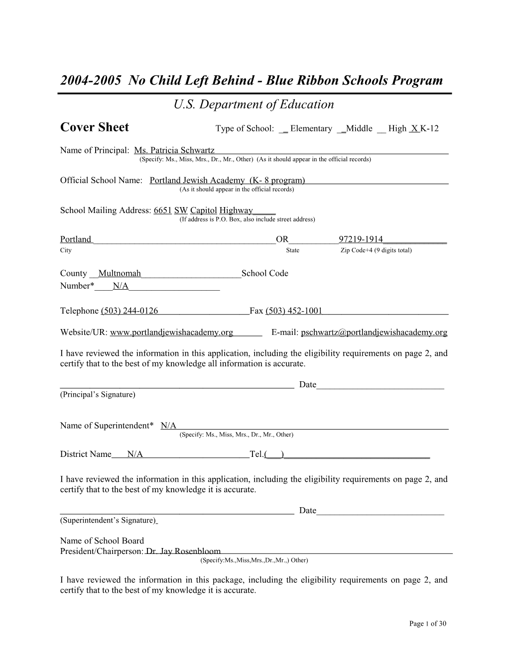 Portland Jewish Academy Application: 2004-2005, No Child Left Behind - Blue Ribbon Schools