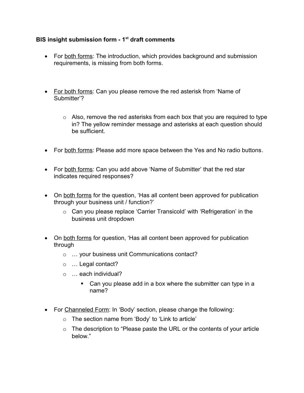 BIS Insight Submission Form - 1St Draft Comments