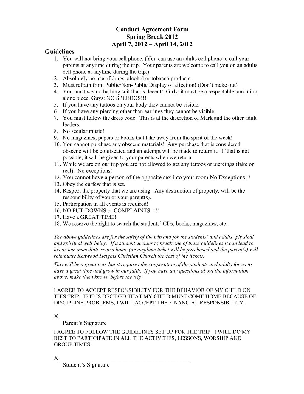 Conduct Agreement Form