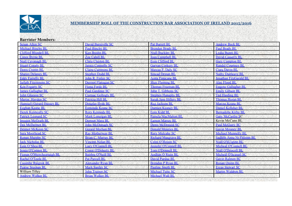 Membership Roll of the Construction Bar Association of Ireland 2015/2016