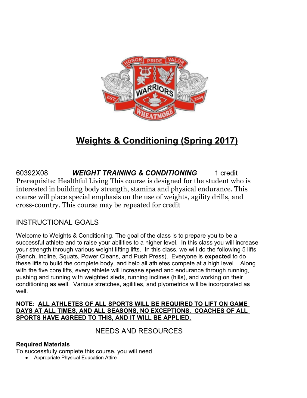 Weights & Conditioning (Spring 2017)