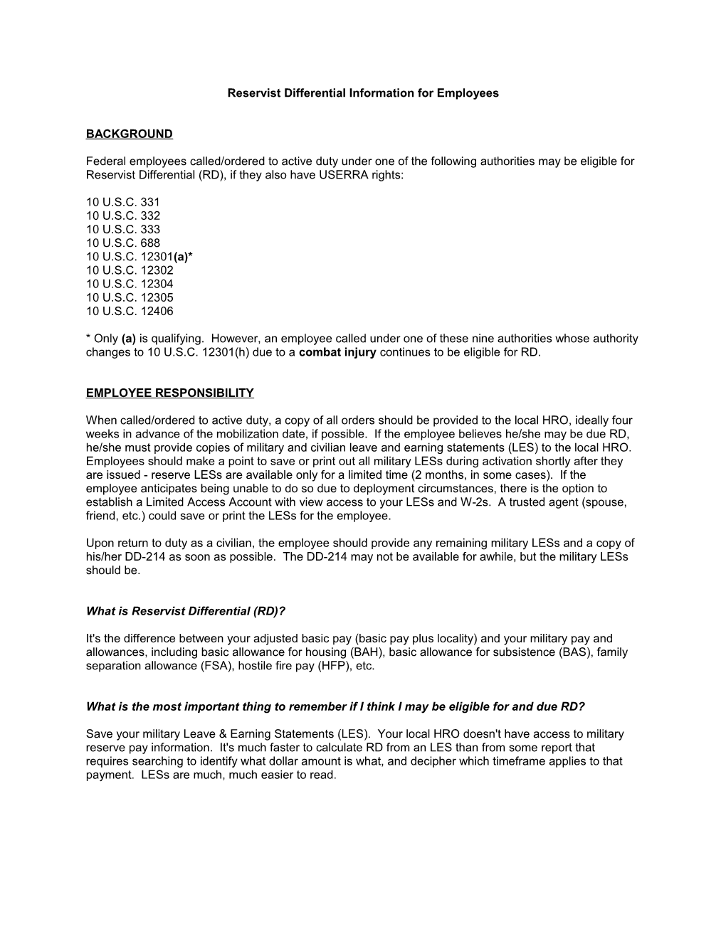 Reservist Differential Information for Employees