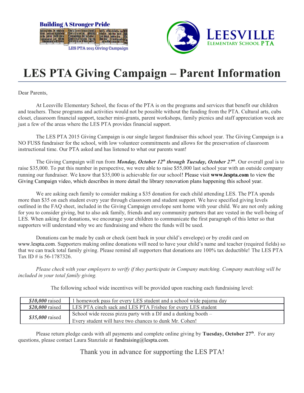 LES PTA Giving Campaign Parent Information