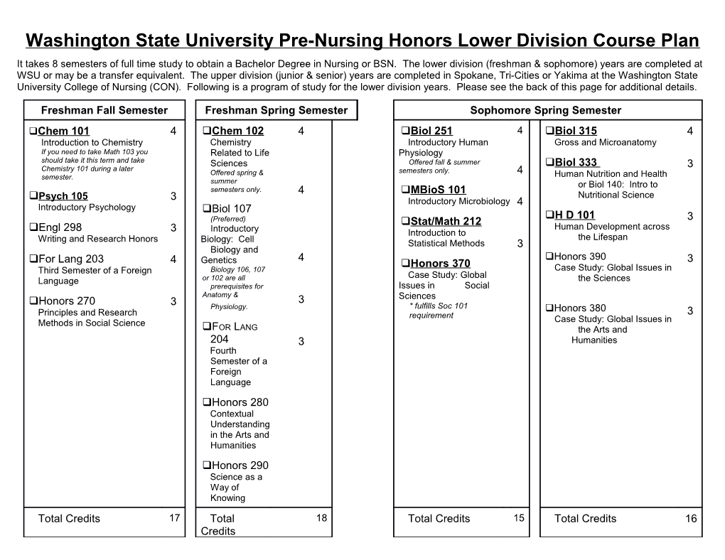 Washington State University Pre-Nursing Honors Lower Division Course Plan