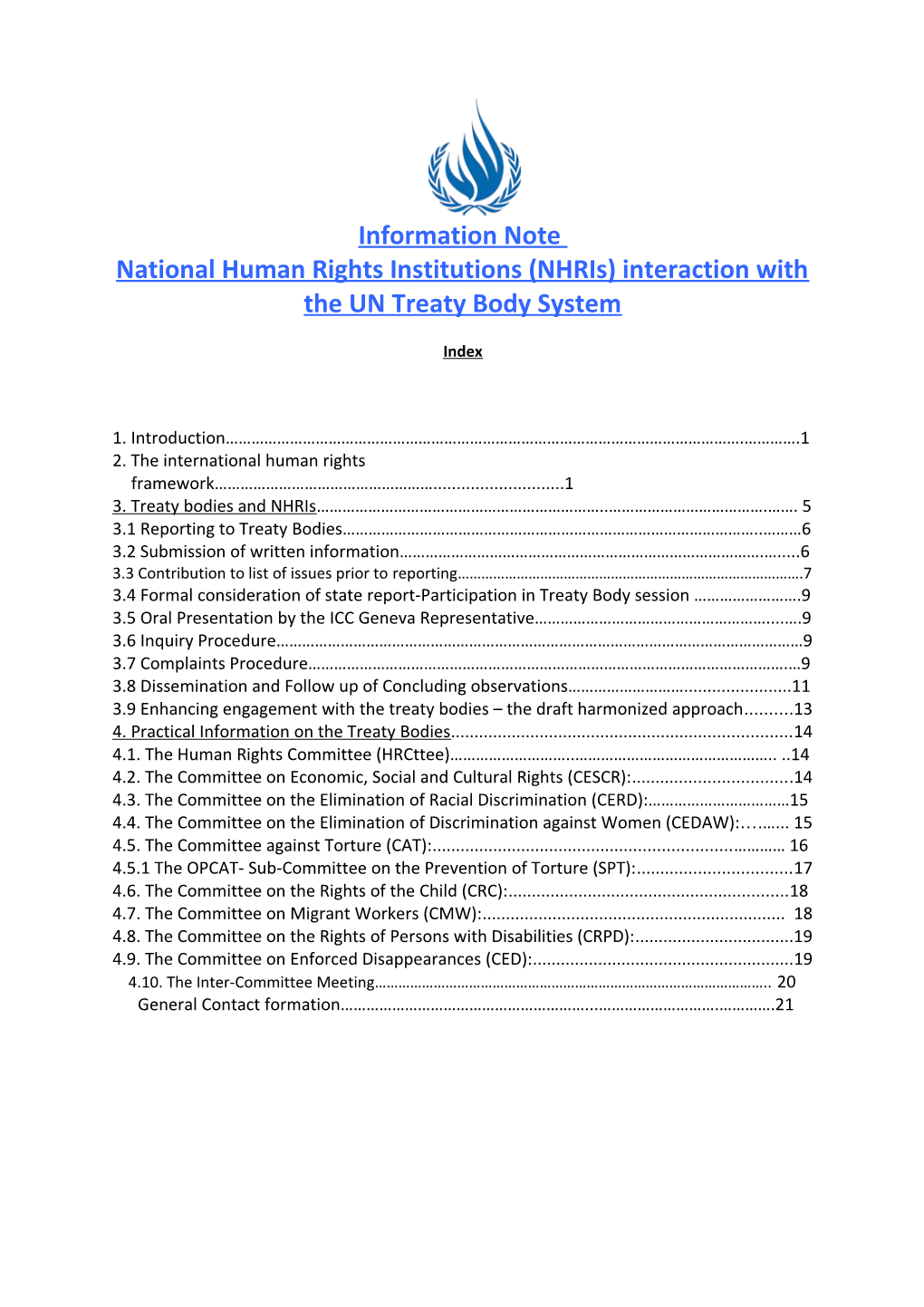 National Human Rights Institutions (Nhris) Interaction with the UN Treaty Bodysystem