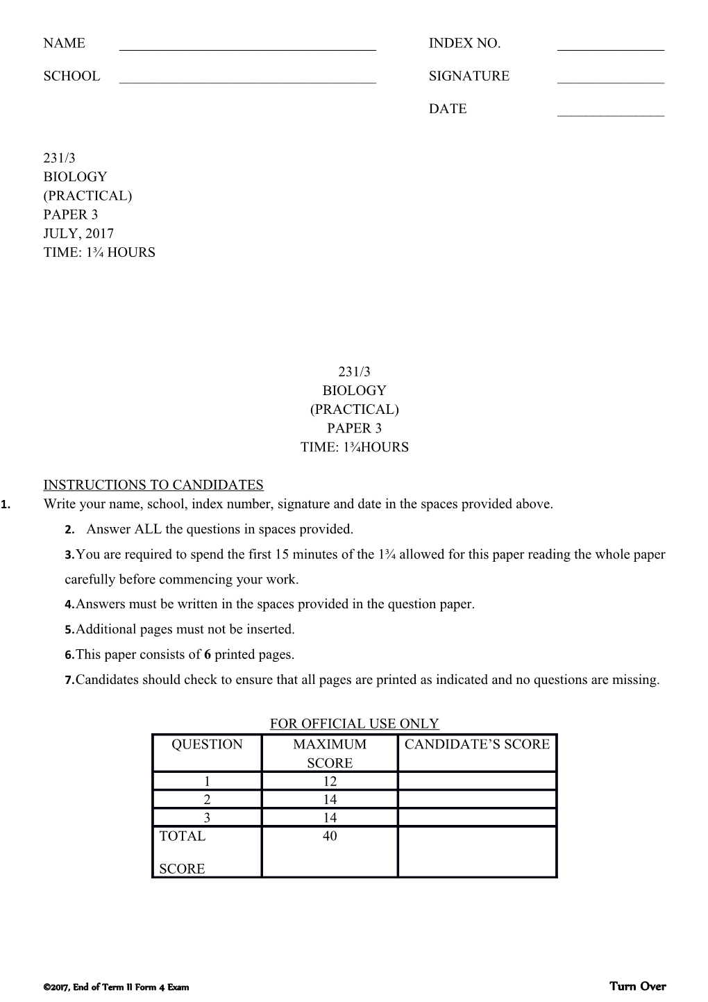 231/3 Biology Paper 3