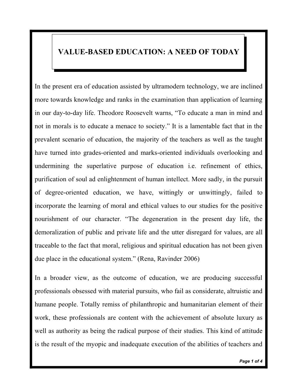 Value-Based Education: a Way out to a Peaceful Harmony