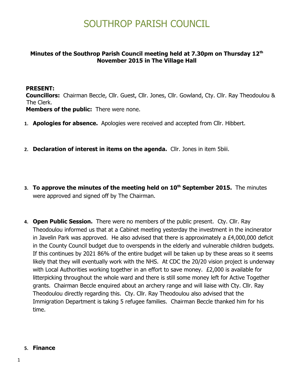 Minutes of the Southropparish Council Meeting Held at 7.30Pm on Thursday 12Thnovember