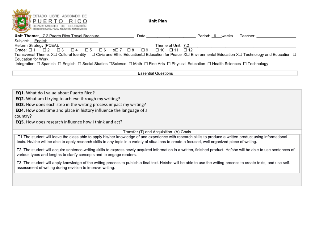 Unit Theme:7.2 Puerto Rico Travel Brochure Date: Period: 6 Weeks Teacher