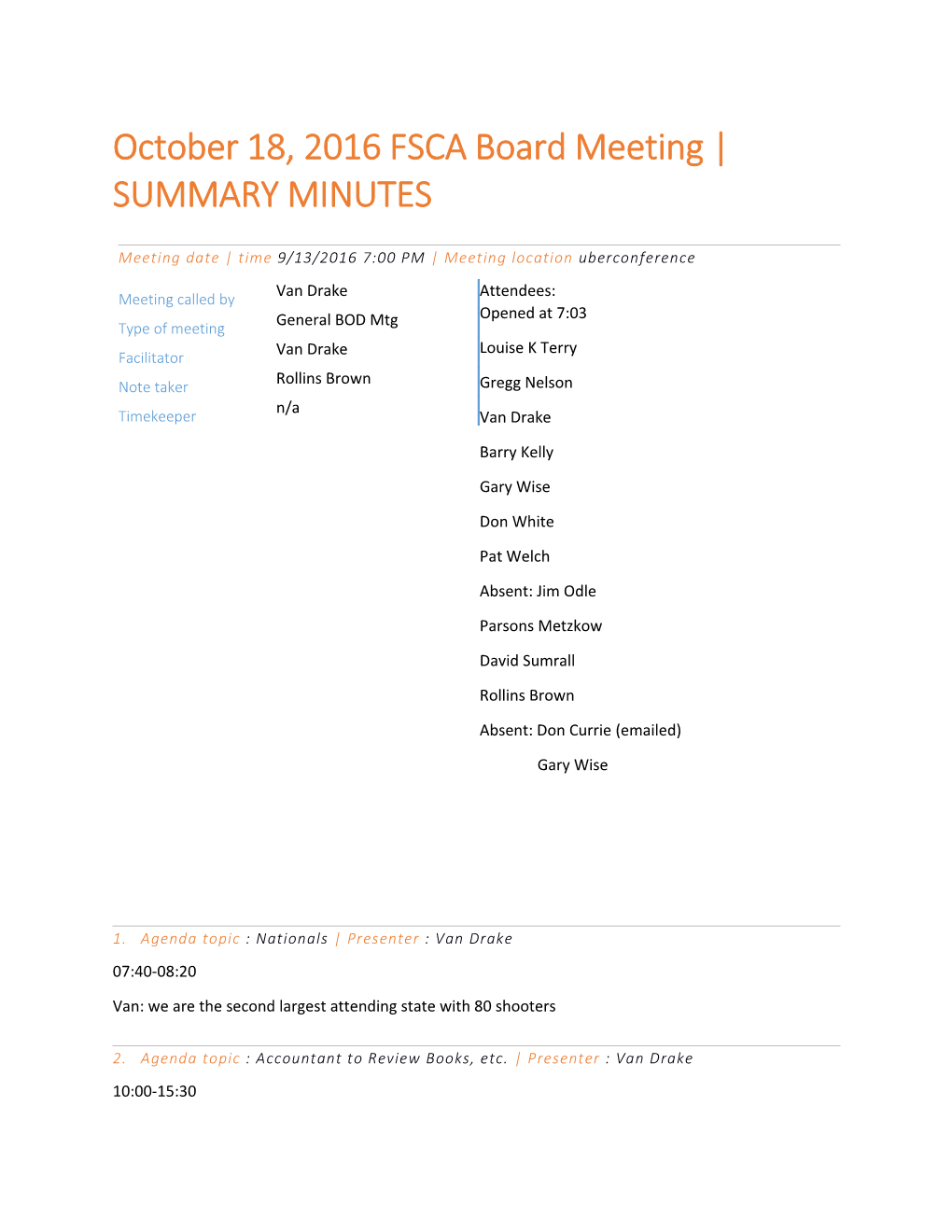 October 18, 2016 FSCA Board Meeting SUMMARY MINUTES