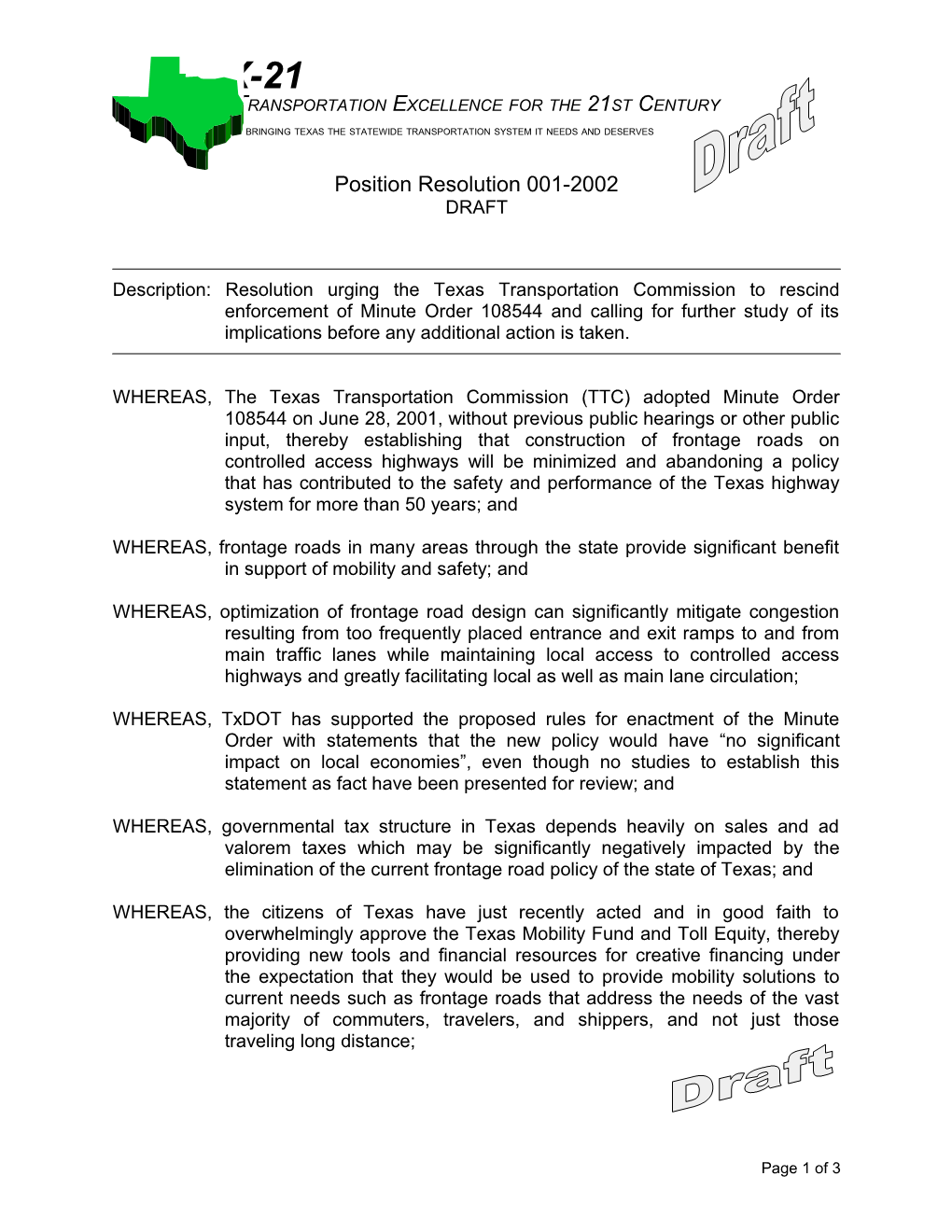 Description: Resolution Urging the Texas Transportation Commission to Rescind Enforcement