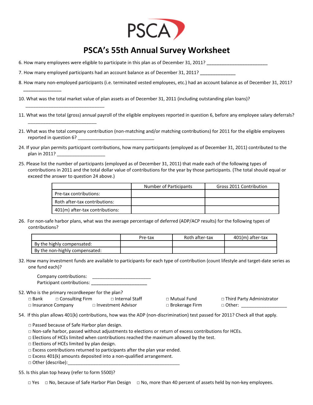 PSCA S 55Th Annual Survey Worksheet