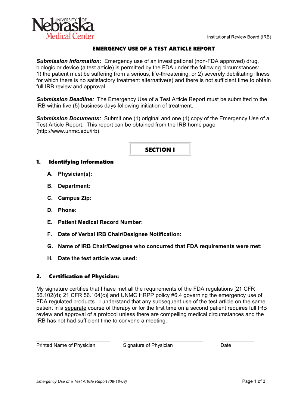 Emergency Use of a Test Article Report