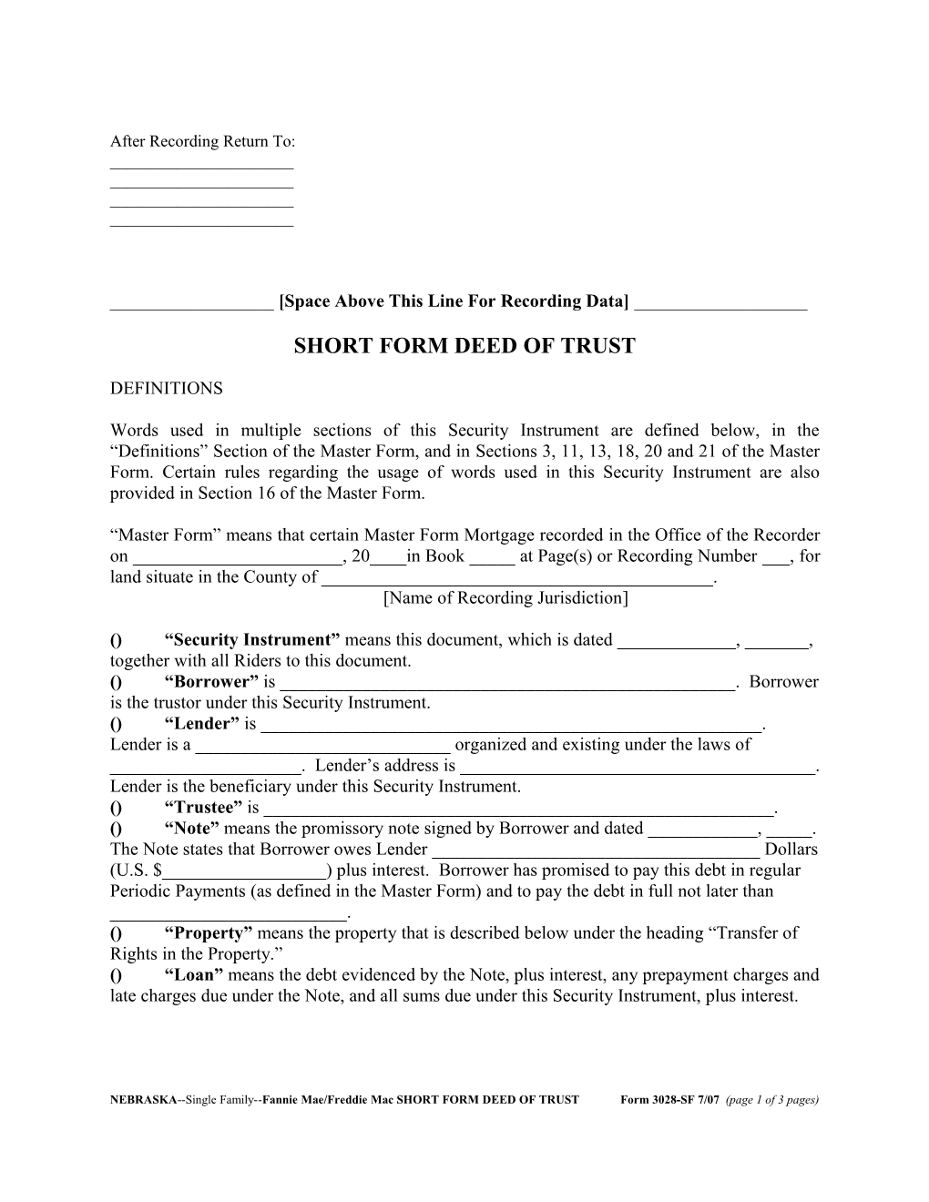 Nebraska Security Instrument (Form 3028Sf): Word