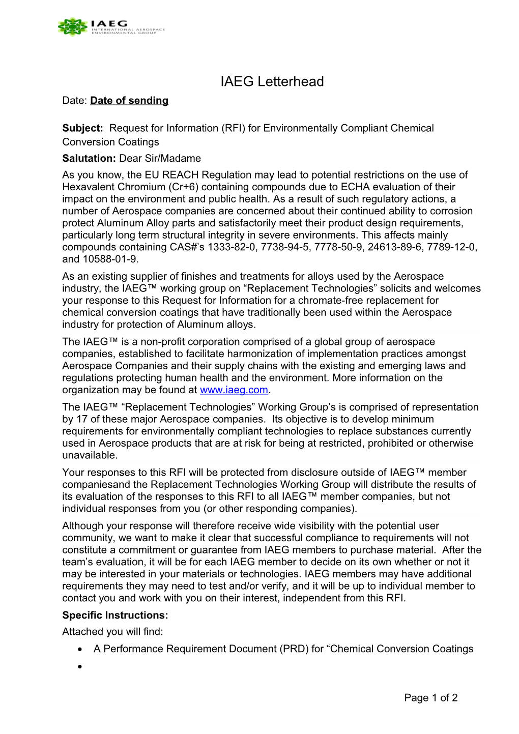 Subject: Request for Information (RFI) for Environmentally Compliant Chemical Conversion