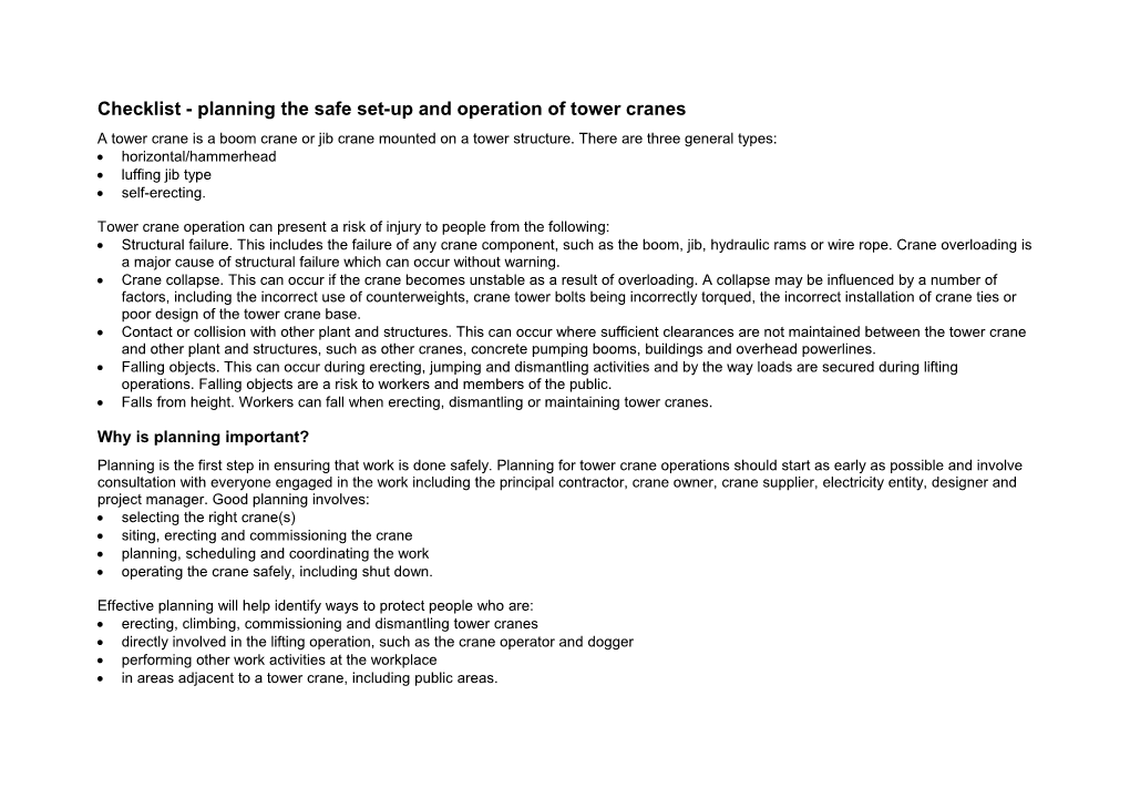 Checklist - Planning the Safe Set-Up and Operation of Tower Cranes