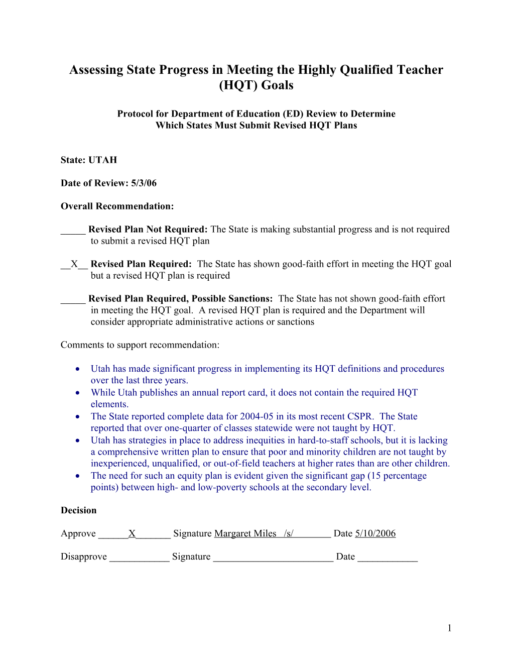 Assessing State Progress in Meeting the Highly Qualified Teacher (HQT) Goals - Utah (MS Word)