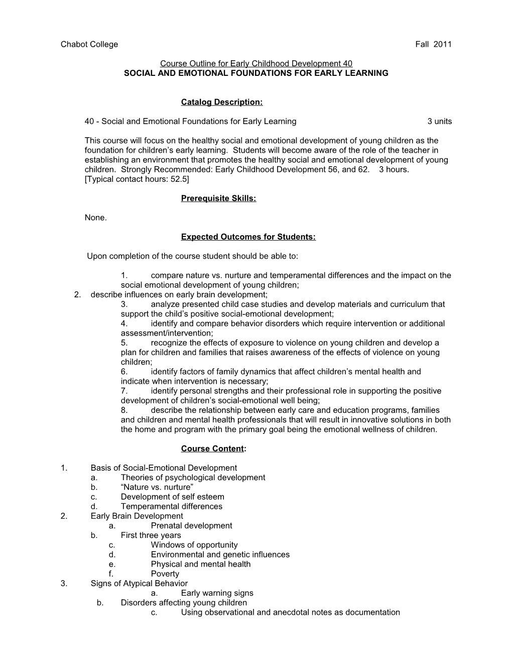 Course Outline for Early Childhood Development 40, Page 1