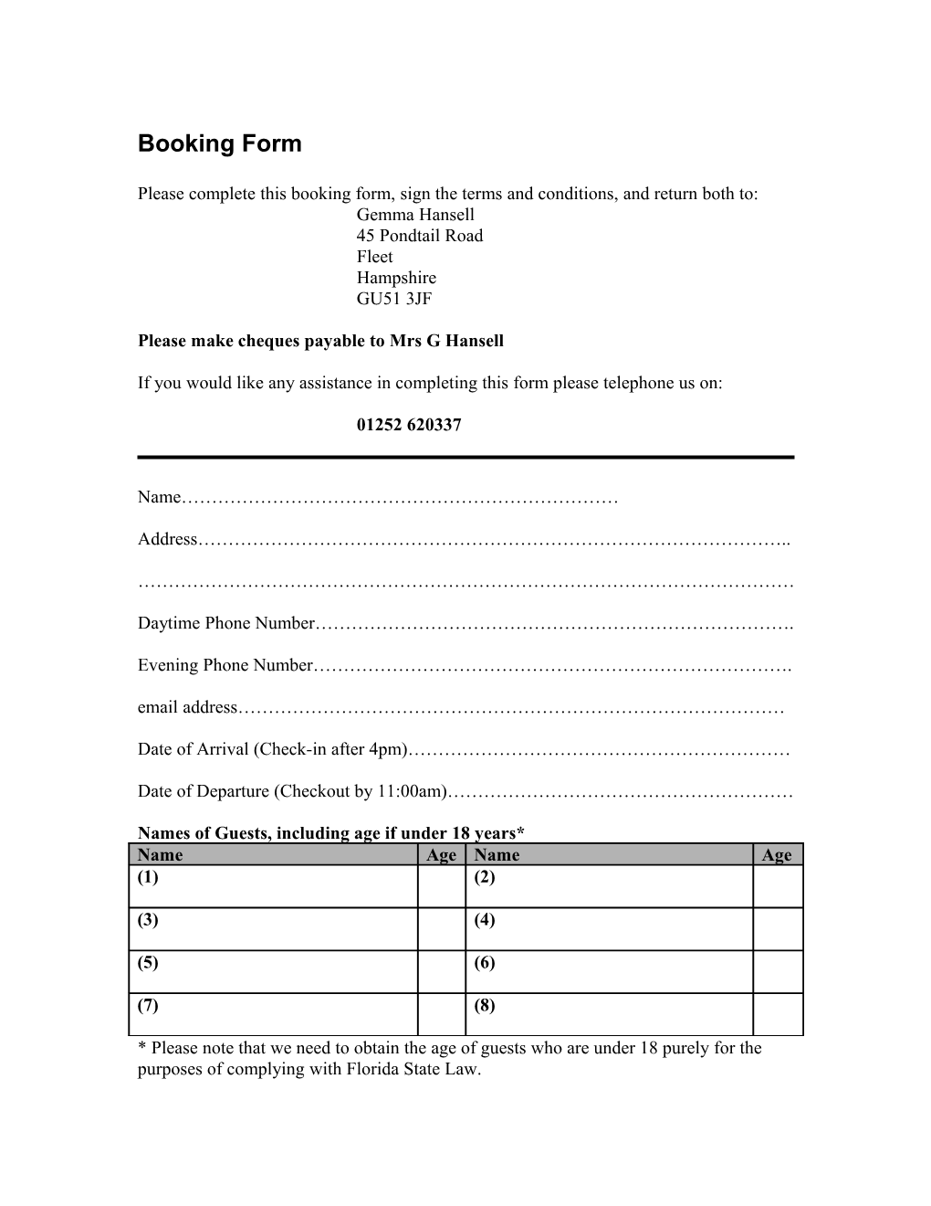 Booking Form, Rates and Terms & Conditions