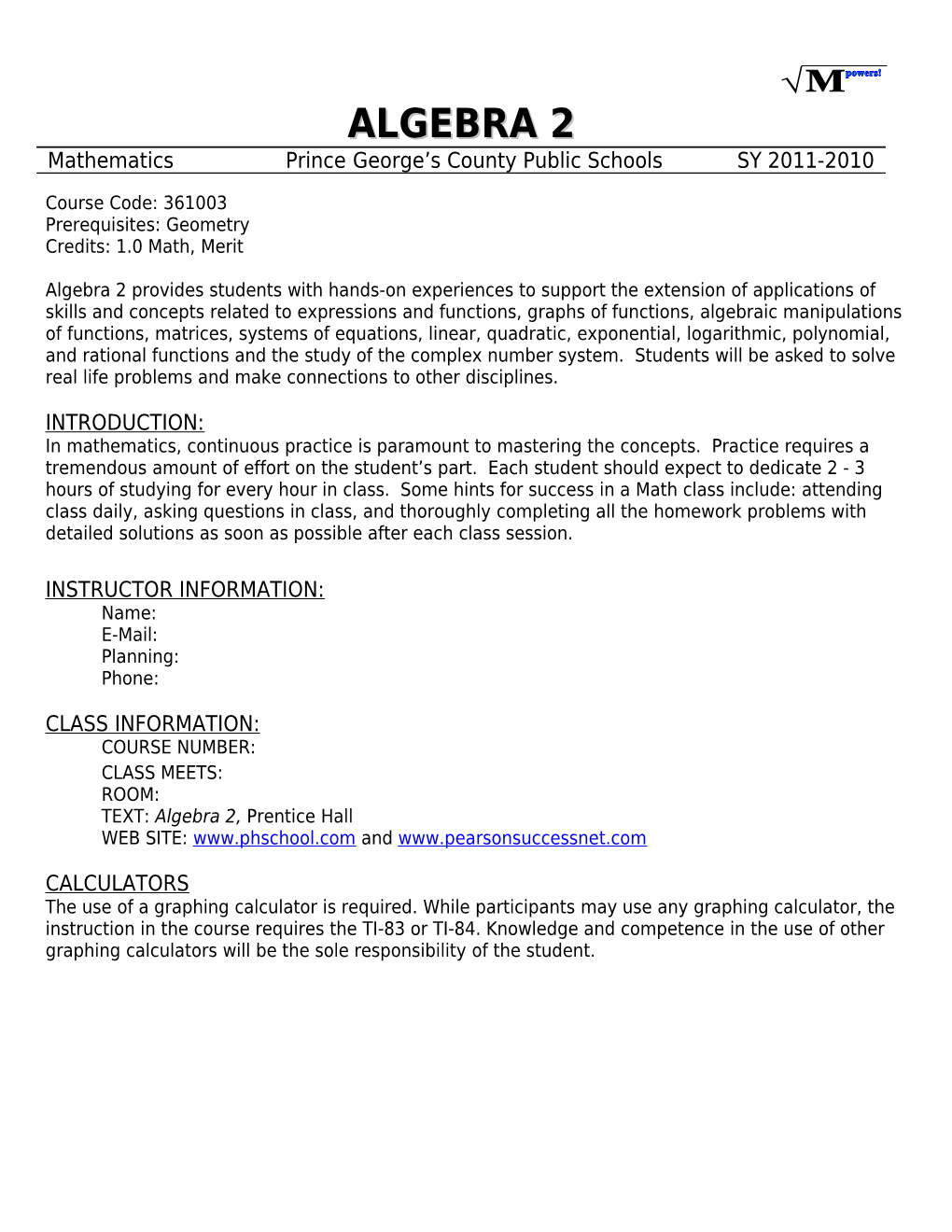 Mathematics Prince George S County Public Schools SY 2011-2010